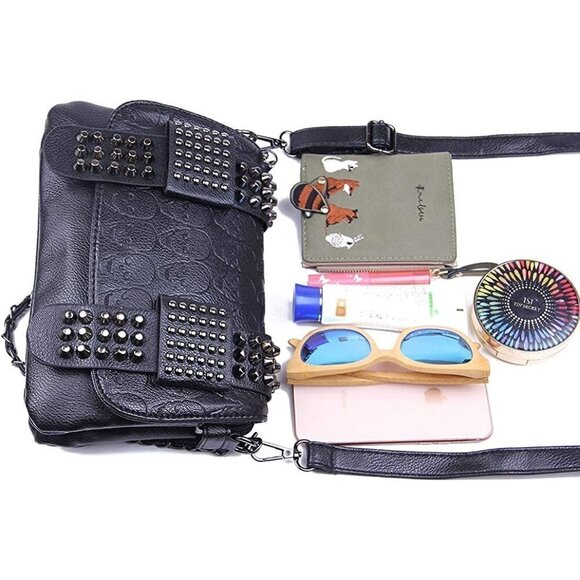 Black Leather Skull Crossbody Bag Chain Gothic Shoulder Biker Rocker Studded NWT - Picture 5 of 11